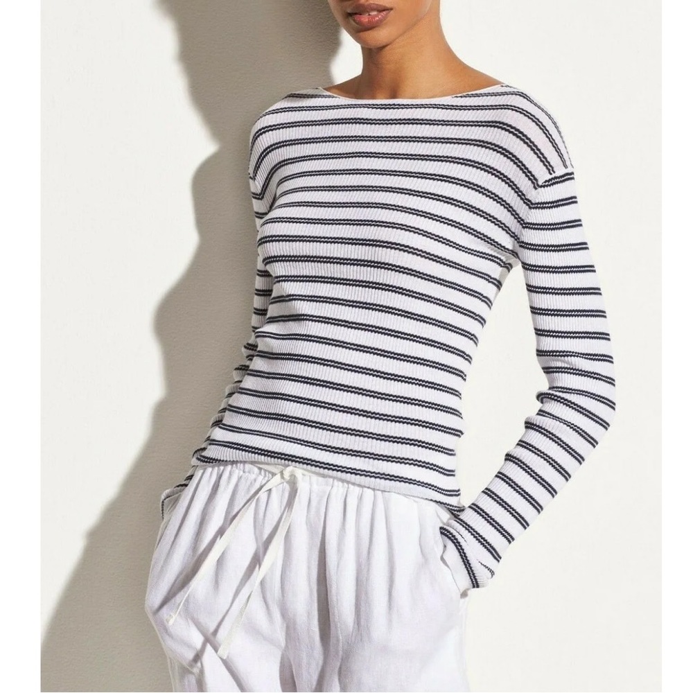 Vince Stripe Ribbed Boatneck Cotton Sweater